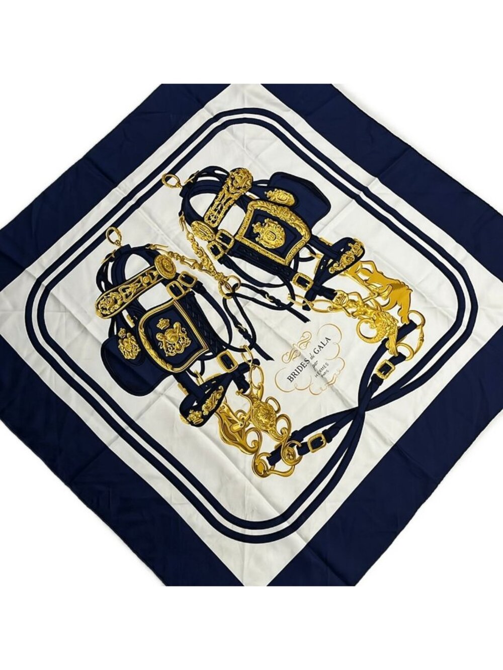 Hermes Scarf Carre 90 White Gold Dark Navy Brides de Gala Silk